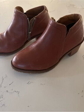 Women's Brown Leather Ankle Booties with Side Zip - Safety Toe Heel